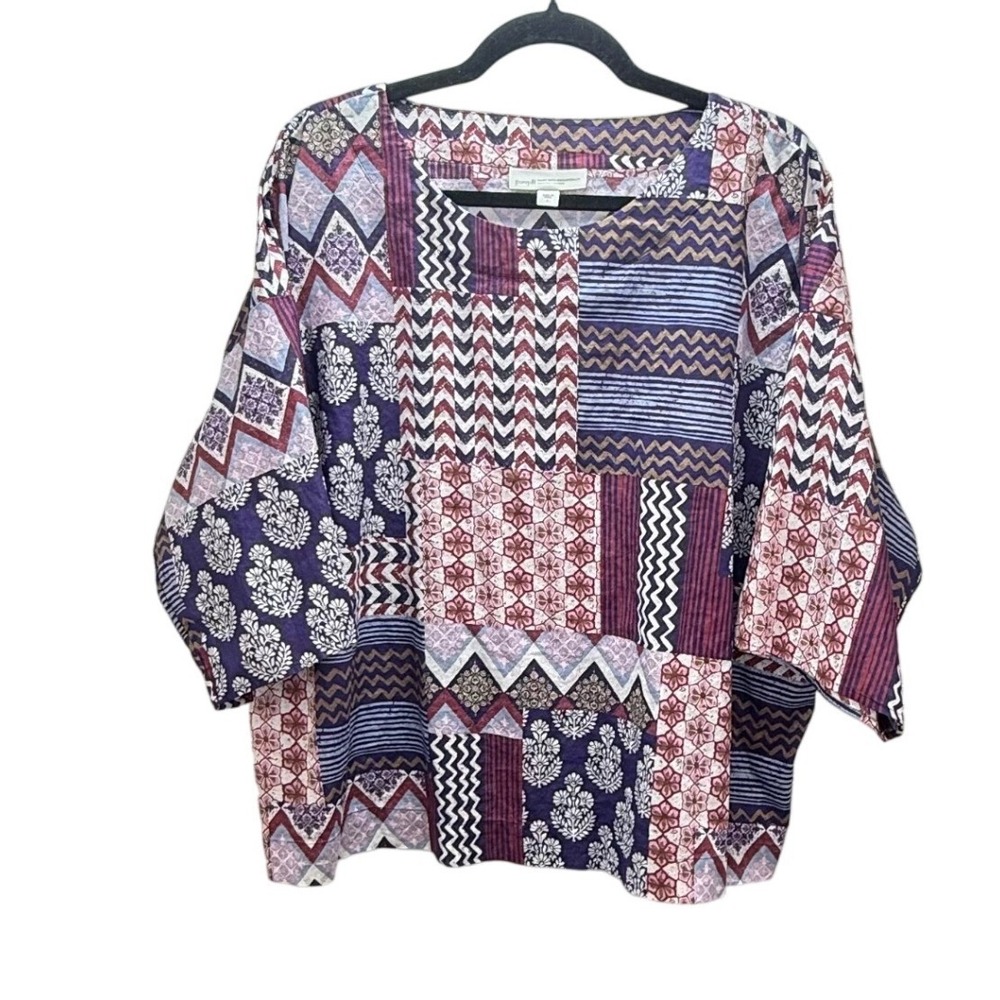 J. Jill Pure Jill Patchwork Organic Cotton Top Large Purple Boxy Lagenlook Boho